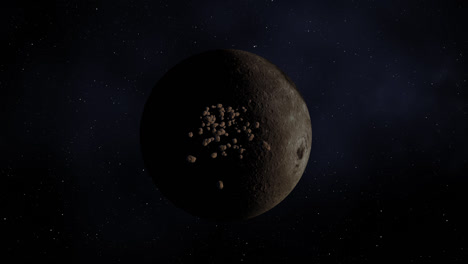 Kosmos.-Asteroidengürtel.-Ein-Dichter-Meteoroidenschwarm-Bewegt-Sich-Schnell-Auf-Den-Grauen,-Mit-Kratern-übersäten-Mond-Zu.-Kleine,-Felsige-Himmelskörper-Werden-Auf-Die-Mondoberfläche-Stürzen-Und-Eine-Riesige-Katastrophe-Verursachen.