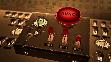 A-retro-launch-control-center-that-monitors-and-controls-missile-launch-facilities.-Animation-of-a-large-red-button-marked-–-Launch-–-on-a-control-metal-console-full-of-electric-switches-and-buttons.