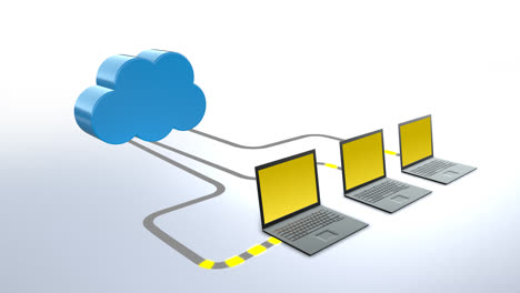 Cloud-Computing.-Die-Animation-Zeigt-Notizbücher,-Die-Daten-In-Die-Cloud-übertragen.-Das-Hochladen-Der-Dateien-Erfolgt-über-Eine-Netzwerkinfrastruktur-Mit-Viel-Speicherplatz-Und-Einer-Fortschrittlichen-Datenbankstruktur.