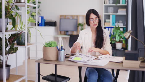 Woman-Analyzes-Company-Financial-Reports-at-Desk-in-Office