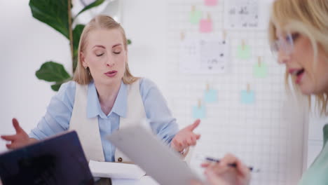 Two-Women-Discuss-Project-and-Company-Development