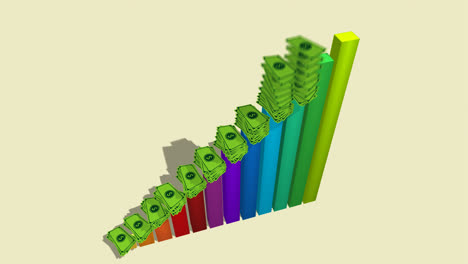 Gráfico-De-Barras-Financieras-Colorido-Y-Animado.-Los-Billetes-De-Dólares-Se-Apilan-En-Cada-Barra.-Un-Gráfico-Está-Subiendo.-El-Símbolo-De-Ganancias-Crecientes,-Inversiones-Crecientes-Y-éxito-Financiero.-Concepto-De-Negocio.