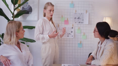 Las-Compañeras-De-Trabajo-Discuten-El-Desarrollo-Empresarial-Durante-Una-Reunión-De-Lluvia-De-Ideas.