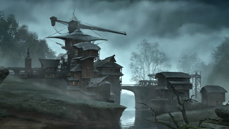 View-of-high-crane-towering-over-a-fantasy-self-sufficient-village.-Mystical-fog-evaporated-from-the-surrounding-river-makes-the-dramatic-climate-of-fear.-Matte-painting-zoom-in-animation.-HD