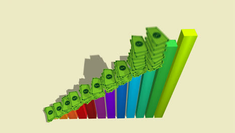 Gráfico-De-Barras-Financieras-Colorido-Y-Animado.-Los-Billetes-De-Dólares-Se-Apilan-En-Cada-Barra.-Un-Gráfico-Está-Subiendo.-El-Símbolo-De-Ganancias-Crecientes,-Inversiones-Crecientes-Y-éxito-Financiero.-Concepto-De-Negocio.