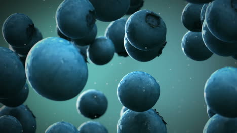 Clearly-clean-juicy-blueberries-with-water-droplets-falling-down-in-front-of-the-blurry-background.-Slow-motion-computer-generated-imagery-presenting-realistic-looking-fruits-in-the-air.-Loopable.-HD