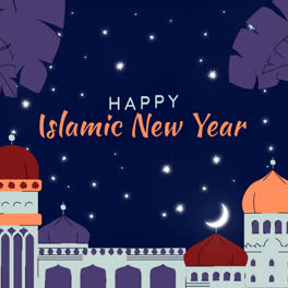 Motion-Graphic-of-Flat-islamic-new-year-background-with-palace-and-leaves