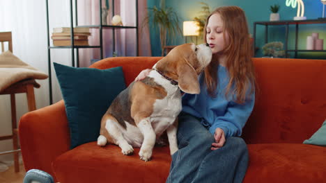 Smiling-preteen-girl-child-embracing-caressing-hugging-cute-beagle-pet-dog-sitting-on-sofa-couch