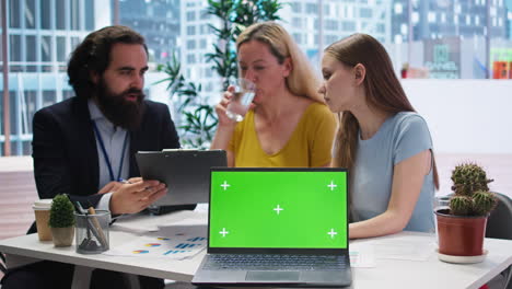 Financial-advisor-presents-financial-guide-to-clients-using-green-screen-laptop