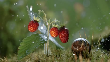 Close-up-wildlife-of-a-and-wild-strawberries-and-snail-in-heavy-rain-in-the-forest.-Shot-on-super-slow-motion-camera-1000-fps.