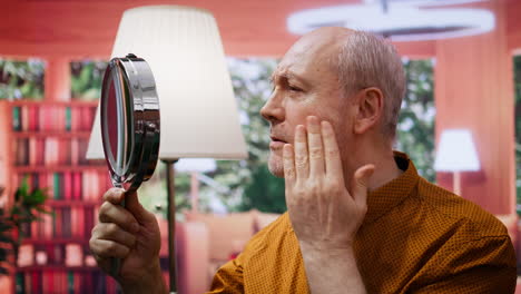 Senior-man-looking-at-his-aging-face-in-the-mirror-and-trying-to-preserve-skin