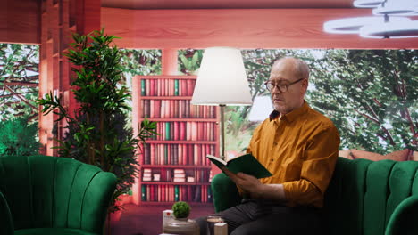 Elderly-man-reading-a-book-sitting-alone-in-his-lounge-area-at-home