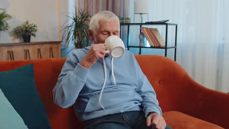 Attractive-smiling-senior-old-grandfather-man-drinking-a-cup-of-coffee-or-herbal-tea-at-home-couch