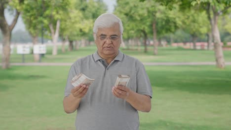 Indian-old-man-counting-money-in-park