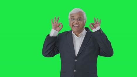 Happy-Indian-senior-journalist-pointing-at-green-screen-showing-okay-sign