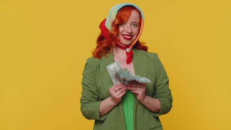 Redhead-girl-holding-cash-money-dollar-celebrate-dance,-success-business-career,-lottery-game-winner