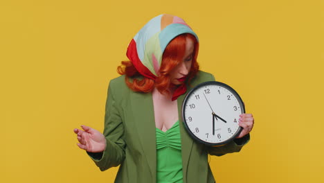 Redhead-woman-with-anxiety-checking-time-on-clock,-running-late-to-work,-being-in-delay,-deadline