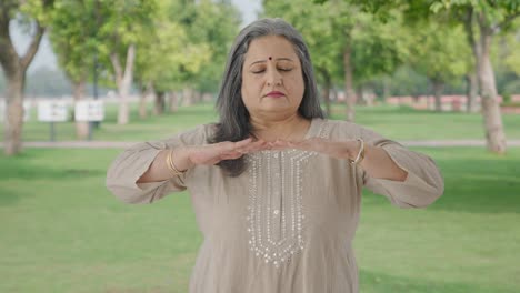 Relaxed-Indian-old-woman-doing-breathe-in-breathe-out-exercise-in-park