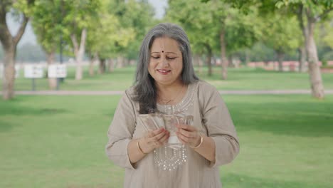 Happy-Indian-old-woman-counting-money-in-park