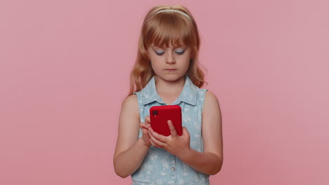 Child-girl-kid-use-smartphone-social-media-online,-watching-movie,-show-thumbs-up-like,-feedback