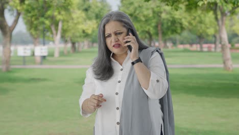 Madre-India-Enojada-Gritando-Por-Teléfono-En-El-Parque