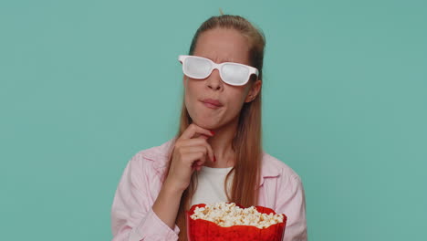 Girl-eating-popcorn-and-watching-interesting-tv-serial,-sport-game,-film,-online-social-media-movie