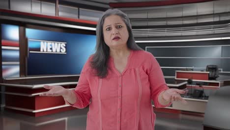 Indian-senior-female-journalist-reading-news