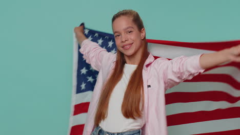 Lovely-teen-girl-waving-and-wrapping-in-American-USA-flag,-celebrating,-human-rights-and-freedoms