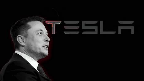 Die-Animationsbearbeitung-Von-Elon-Musk-Tesla-Zeigt-Elon-Vor-Einem-Schwarzen-Hintergrund,-Während-Das-Logo-Seines-Unternehmens-Langsam-Animiert-Wird