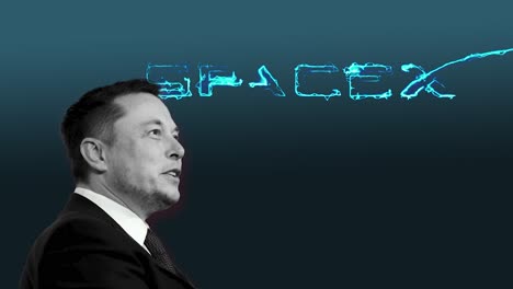 Elon-Musk-Auf-Einem-Blau-schwarzen-Hintergrund,-Während-Sein-SpaceX-Firmenlogo-In-Leuchtendem-Blau-In-4K-Auflösung-Animiert-Wird