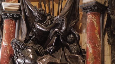 A-tilt-down-shot-of-the-funerary-monument-of-Grand-Master-Marc'Antonio-in-the-Co-Cathedral-of-Saint-John-in-Valletta,-Malta