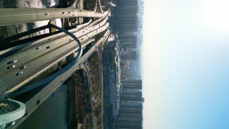 A-vertical-aerial-perspective-captures-the-Shandong-Province-Linyi-Bridge-over-the-Benghe-River-in-China