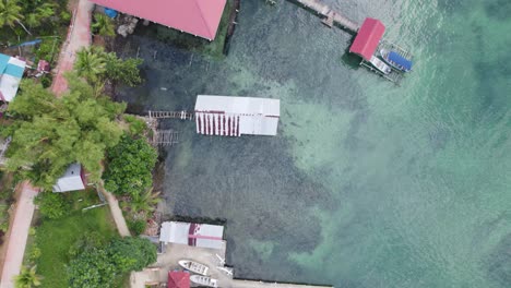 Aerial-birds-eye-view-showcasing-the-rooftops-and-waterfront-structures-of-Bastimentos-Island-in-Bocas-del-Toro-District,-Panama