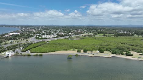 Drone-shot-of-Ted-Smout-Memorial-Bridge,-camera-pushing-tracking-in-towards-start-of-Bridge