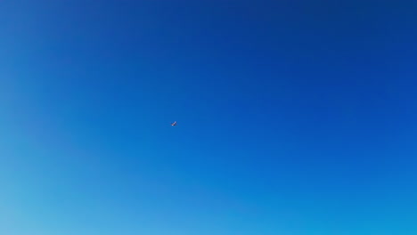 Tilt-up-shot-of-airplane-flying-on-blue-sky