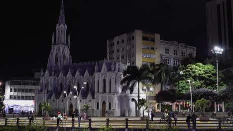 Neo-Gothic-Ermita-Church-illuminated-at-night-in-Cali,-Colombia