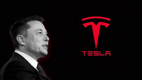 Elon-Musk-Auf-Einem-Schwarzen-Hintergrund,-Während-Das-Tesla-Logo-Seines-Unternehmens-Hinter-Ihm-In-4K-Auflösung-In-Roter-Farbe-Animiert-Wird