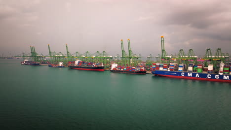 Container-ships-and-cranes-line-wharf-of-Singapore-port-Pasir-Panjang,-drone