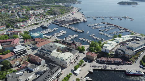 Aerial-View-Of-Port-Harbour-In-The-City-Of-Stromstad-In-Sweden