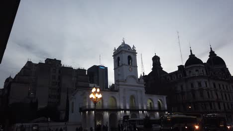 Panoramic-of-The-Cabildo,-Argentina-at-sunset-National-Historic-Monument-public-as-a-museum,-skyline-background