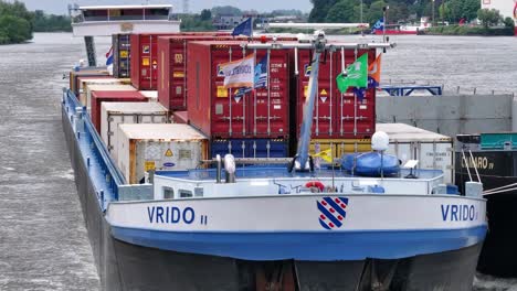 Vrido-Cargo-Ship-In-Alblasserdam,-Netherlands---Drone-Shot