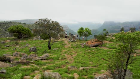 Gruppe-Von-Menschen,-Die-Auf-Der-Panoramaroute-In-Südafrika-Wandern,-Umgeben-Von-Bergen-Und-Viel-Grün