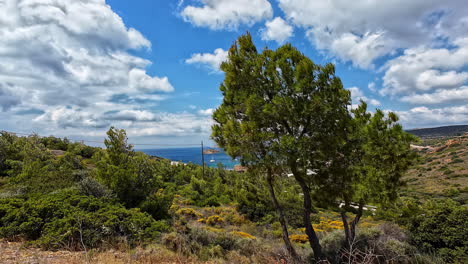 Driving-by-the-coast-of-Greek-island,-view-of-Mediterranean-sea-blue-water