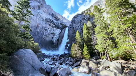 Majestic-waterfall-in-Yosemite-National-Park-cascading-down-a-granite-cliff,-surrounded-by-lush-green-trees-and-large-boulders