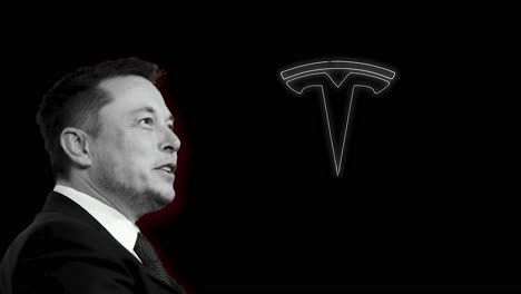 Elon-Musk-Auf-Einem-Schwarzen-Hintergrund,-Während-Das-Tesla-Logo-Seines-Unternehmens-Hinter-Ihm-In-Rot-Animiert-Wird