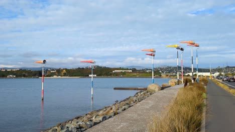 Scenic-coastal-view-of-Akau-Tangi-wind-sculpture-on-waterfront-in-capital-city-of-Wellington,-New-Zealand-Aotearoa