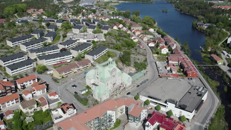 Strömstad,-sweden,-showcasing-buildings,-roads,-and-a-scenic-lake,-aerial-view