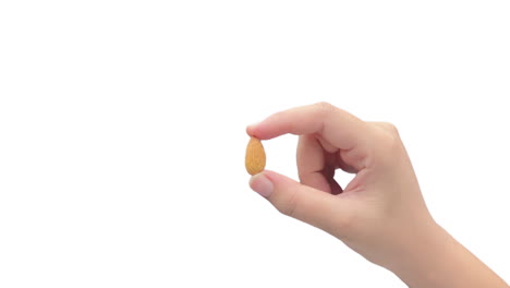 Close-up-shot-of-female-fingers-holding-Almond-seed-isolated-on-white-background