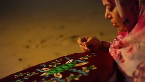 woman-creates-handmade-needlework-hawksbill-turtle-pattern-in-wooden-hoop-reflects-Persian-Gulf-culture-featuring-delicate-stitches-and-fabric-capturing-coastal-community's-tradition-and-creativity