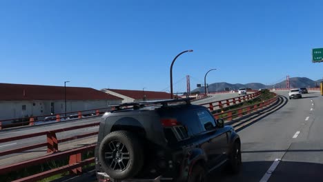 San-Francisco-CA-USA,-Driving-on-Blue-Star-Memorial-Highway-to-Golden-Gate-Bridge,-Bus-Passenger-POV